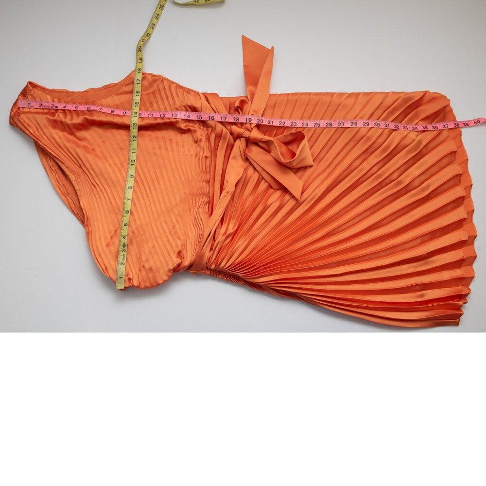 Milly Estie Dress Mini Satin Pleated One Shoulder Mini Belted Orange Size 12 - Picture 6 of 6